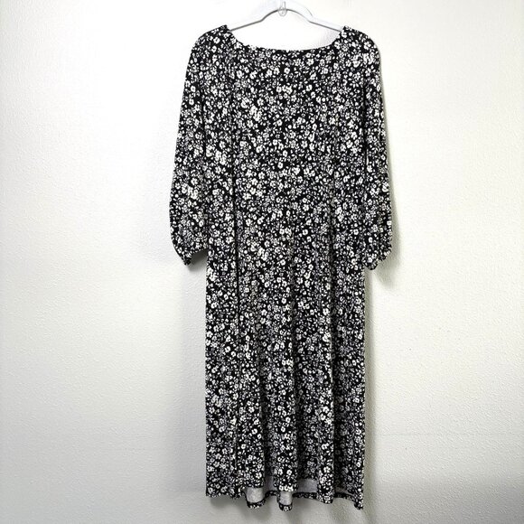 J Jill Midi Dress Size L Black White Floral Button Front 3/4 Sleeve Cottage - Picture 3 of 12